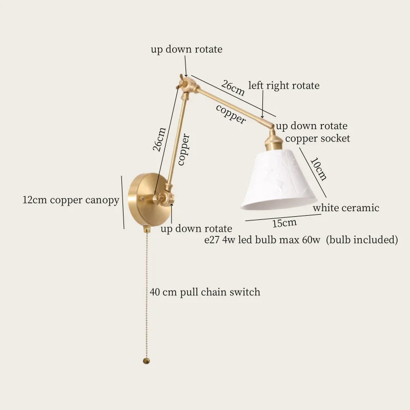 Afralia™ Ceramic LED Wall Lamp, Pull Chain Switch, Nordic Copper, Small Size
