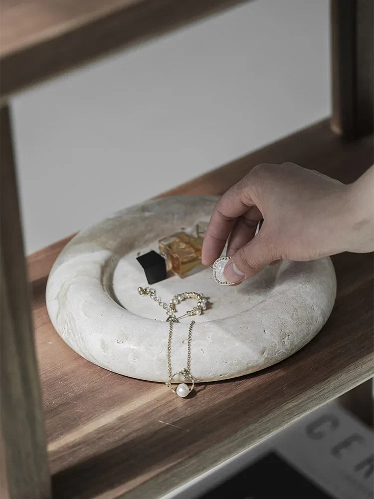 Afralia™ Beige Travertine Serving Tray: Vintage Home Decor Round Vanity & Jewelry Plate