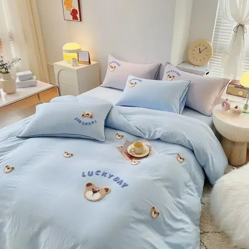 Afralia™ Cute Bear & Sheep Embroidery Bedding Set for Single/Double Bed