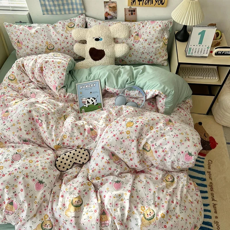Afralia™ Cute Cartoon Washed Cotton 4-Piece Bedding Set for Spring Soft Skin-Friendly Sheets
