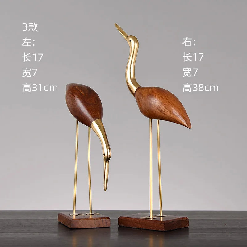Afralia™ Wooden Crane Swan Brass Sculpture Home Decor Figurine