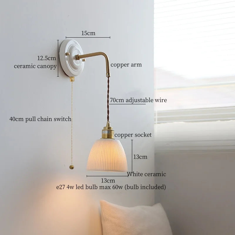 Afralia™ Pleats Ceramic LED Sconce Lamp with Adjustable Copper Arm for Bedroom Bathroom Mirror