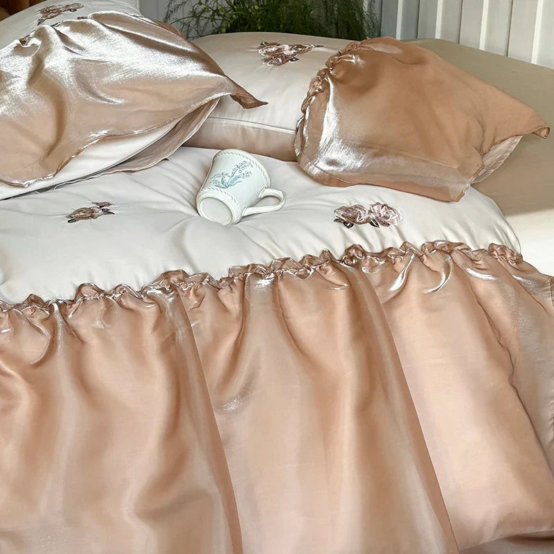 Afralia™ Organza Lace Ruffles Flowers Embroidery 1000TC Egyptian Cotton Bedding Set