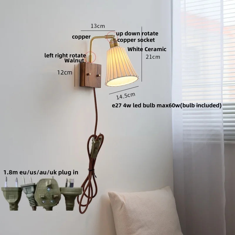 Afralia™ Glass Ceramic LED Wall Sconce Walnut Wood Nordic Modern Rotatable Mirror Light