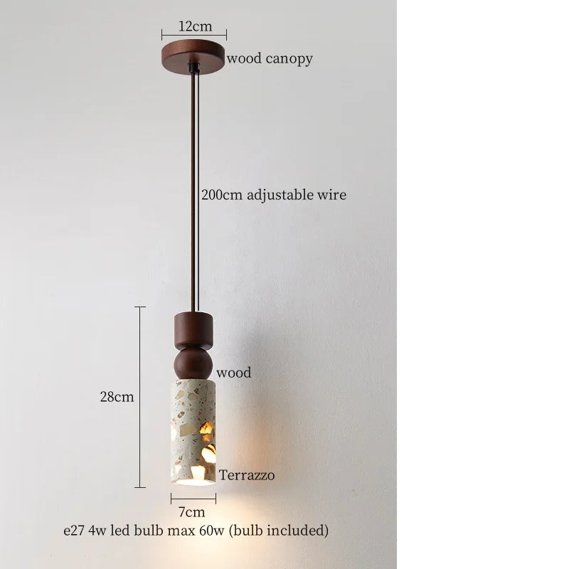 Afralia™ Terrazzo Wood LED Pendant Light for Bedroom Dining Room Japanese Vintage Style