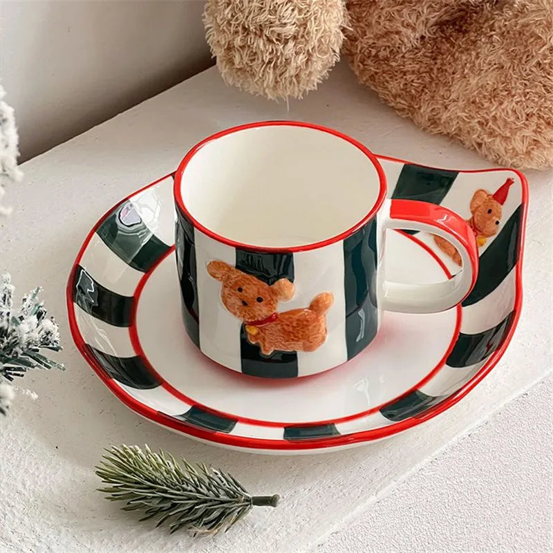 Afralia™ Kawaii Animal Ceramic Drinkware Set: Coffee Cup, Dessert Plate, Cute Dog Mug