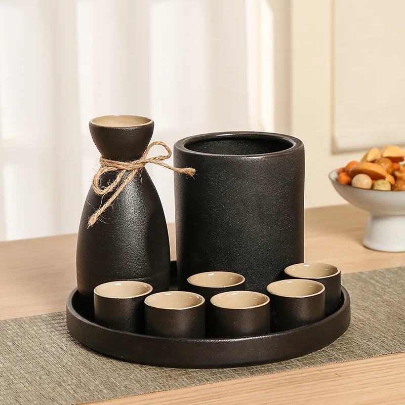 Afralia™ Black Ceramic Wine Warmer & Sake Pot for Home, Handcrafted Japanese Design