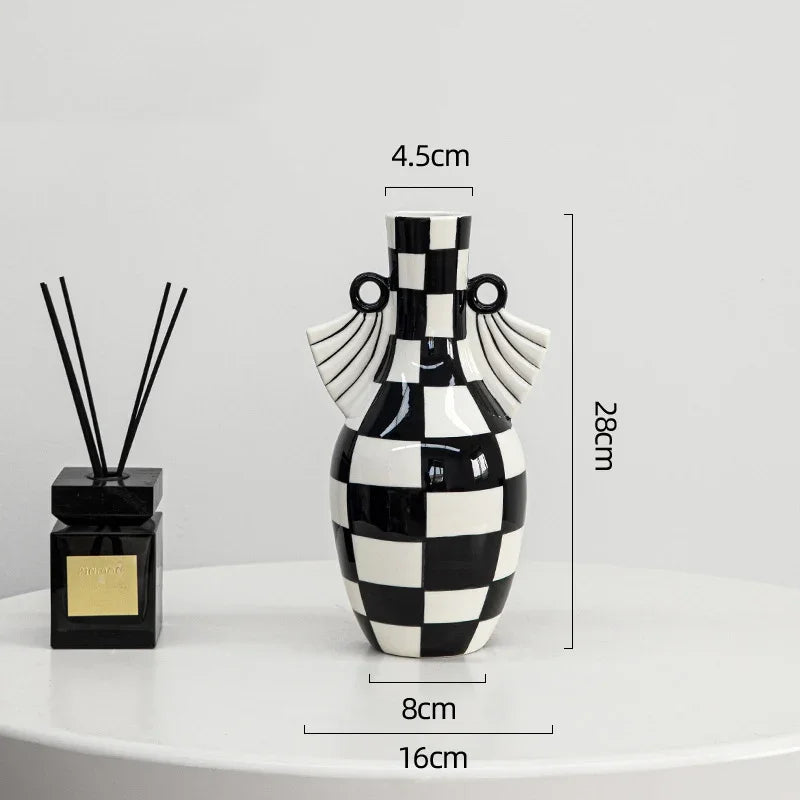 Afralia™ Checkered Pattern Ceramic Vase: Geometric Table Decor for Flowers & Room Aesthetic