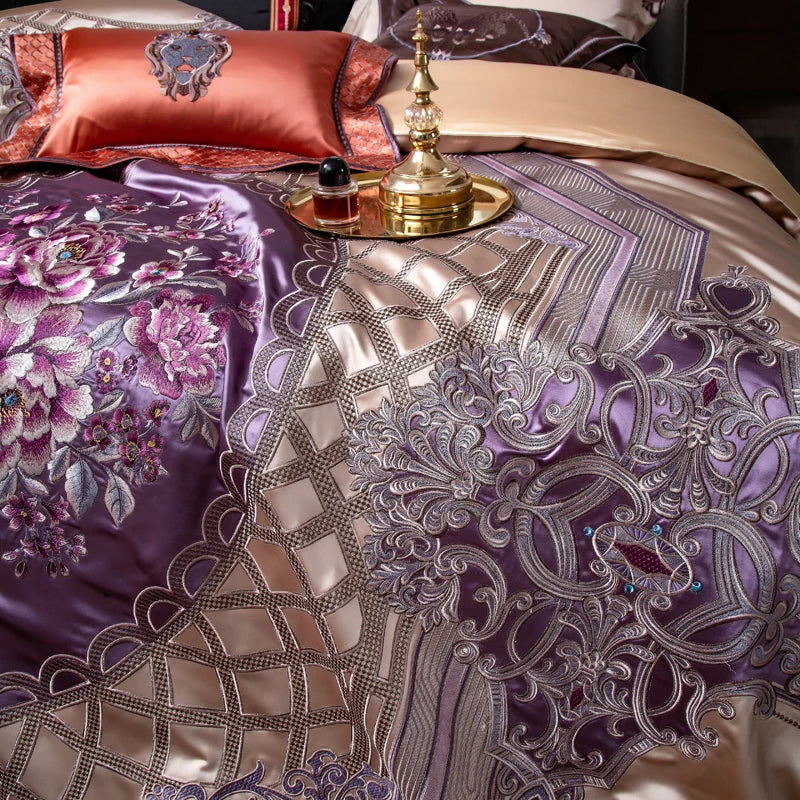 Afralia™ Palace Style Purple Flowers Bedding Set Embroidered Brocade Duvet Cover Sheets Pillows