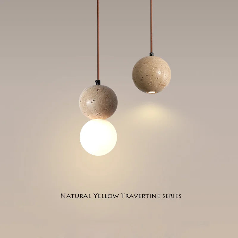 Afralia™ Yellow Travertine Stone Art Pendant Light with White Glass Lampshade