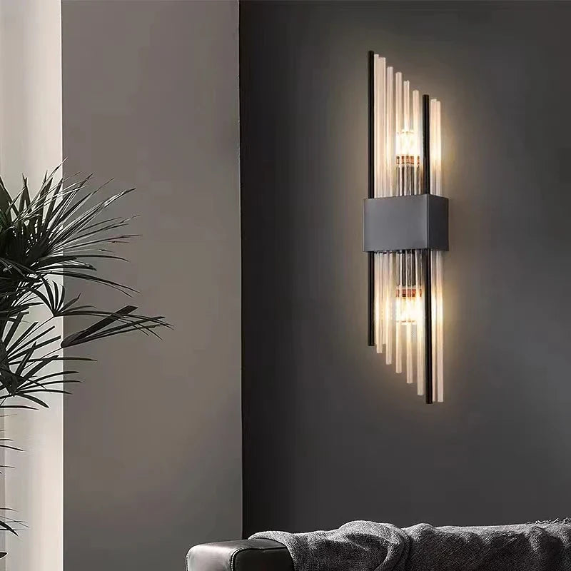 Afralia™ Mini Clear Glass Wall Sconce Light in Gold and Black Stainless Steel