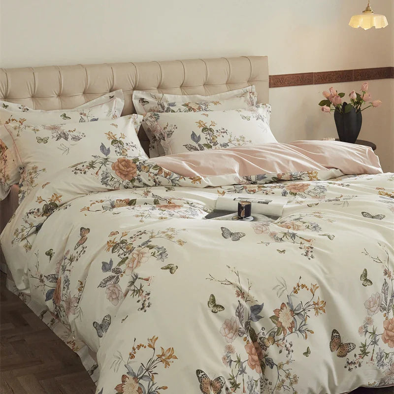 Afralia™ Butterfly Blooming Flowers Print 100% Egyptian Cotton Bedding Set