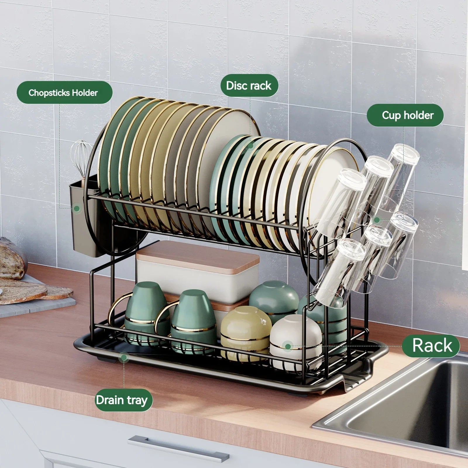 Afralia™ Kitchen Organizer Rack with Drainboard for Dishes, Utensils, and Cups