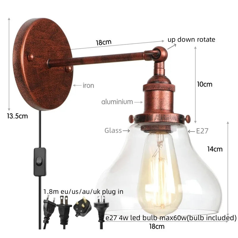 Afralia™ Red Bronze LED Wall Lamp with Pull Chain Switch and Clear Glass
