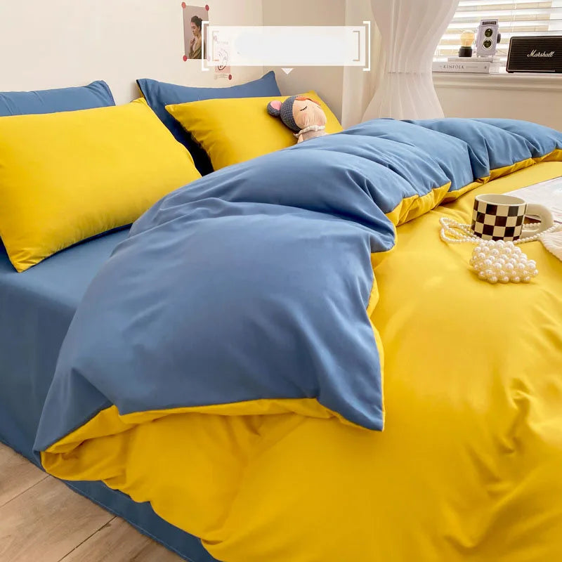 Afralia™ Luxury Solid Cotton Bedding Set King Yellow 3-4 Pcs, Simple Queen Size