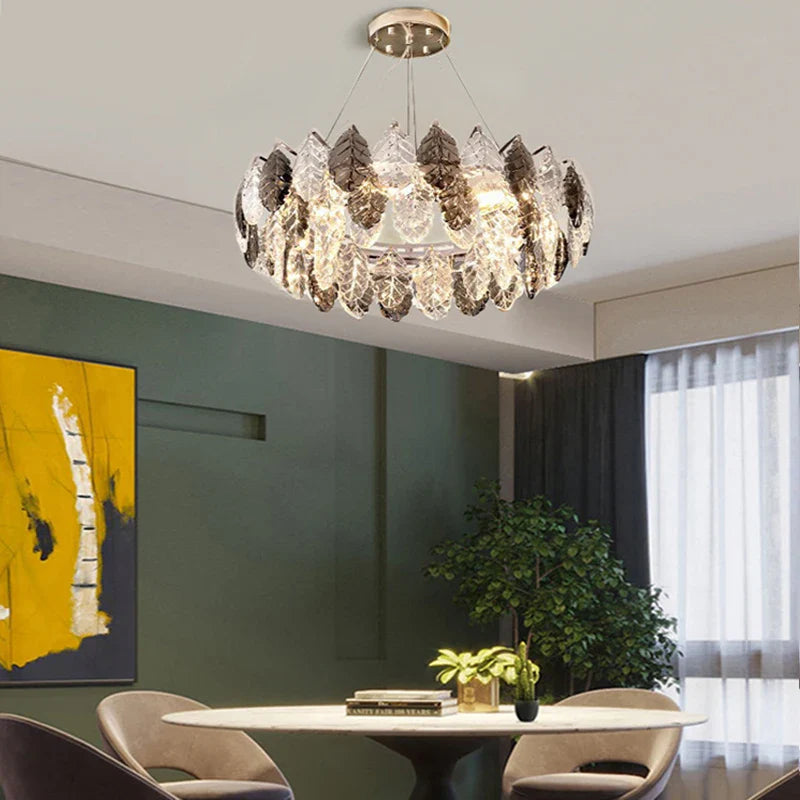 Afralia™ Luxury Feather Crystal Chandelier - Round LED Dining Room Ceiling Light
