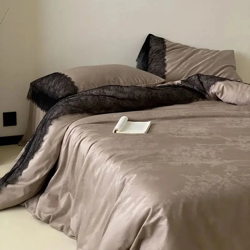 Afralia™ Silky Egyptian Cotton Lace Edge Bedding Set with Duvet Cover, Sheet & Pillowcases