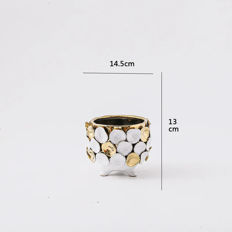 Afralia™ Geometric Gold Leaf Relief Ceramic Vase - Elegant Hand-Appliqued Flower Pot Home Decor