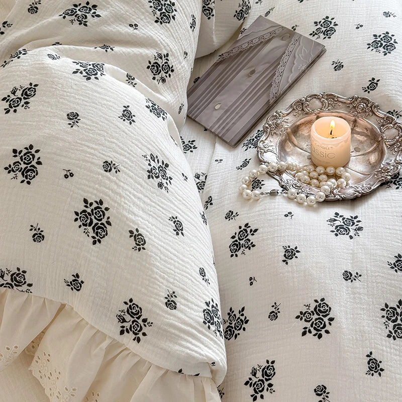 Afralia™ French Lace Ruffles Floral 100% Cotton Bedding Set with Duvet Cover, Sheet, Pillowcases
