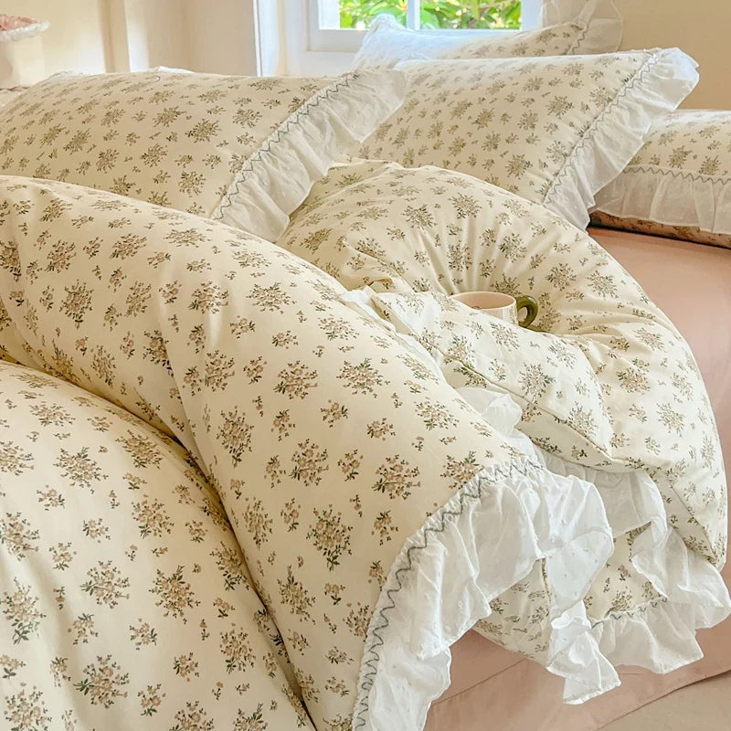 Afralia™ Floral Lace Ruffle Cotton Bedding Set with Quilt Cover, Duvet Cover, and Pillowcases