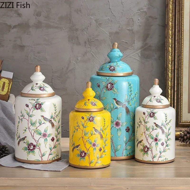 Afralia™ European Flower Bird Ceramic Storage Jar Vase Decoration Tea Coffee Beans Candy Home Decor