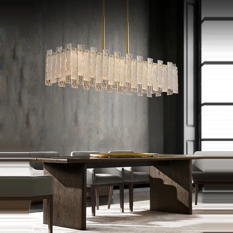 Afralia™ Rectangular Golden Copper Glass LED Chandelier for Dinning Room