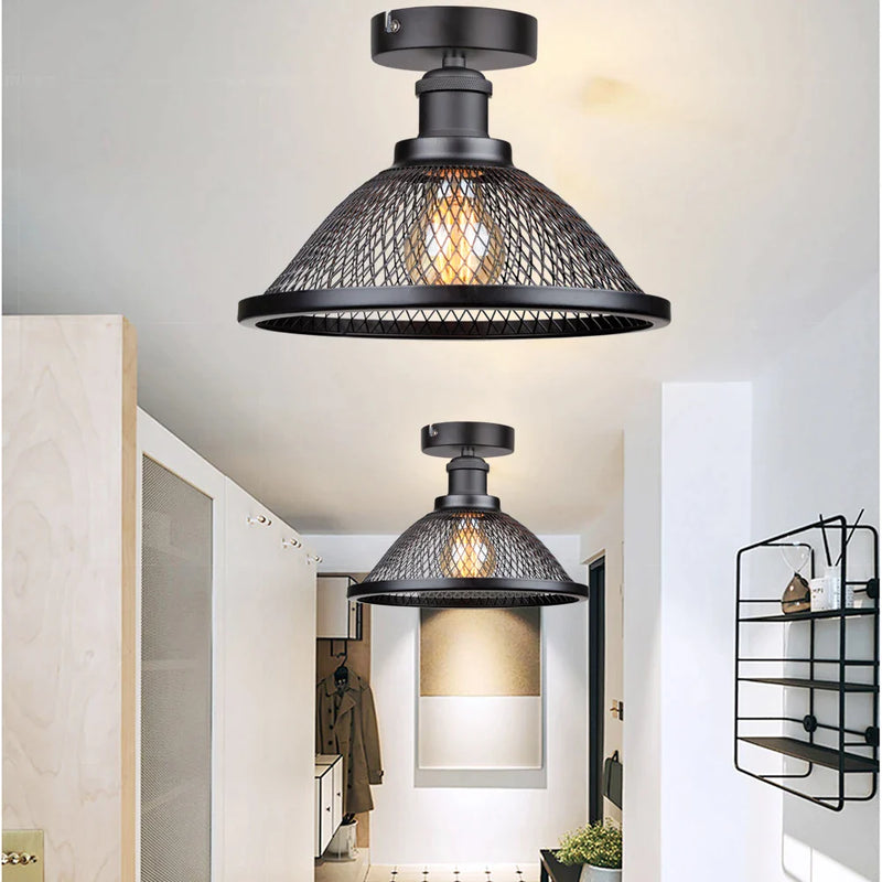 Afralia™ Farmhouse Black Metal Cage Ceiling Light for Hallway Kitchen Industrial Fixture E27 Base