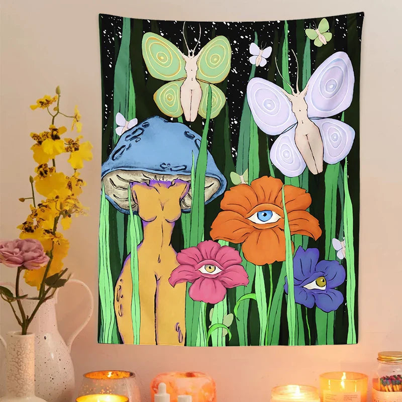 Afralia™ Psychedelic Mushroom Girl Botanical Floral Tapestry Wall Hanging