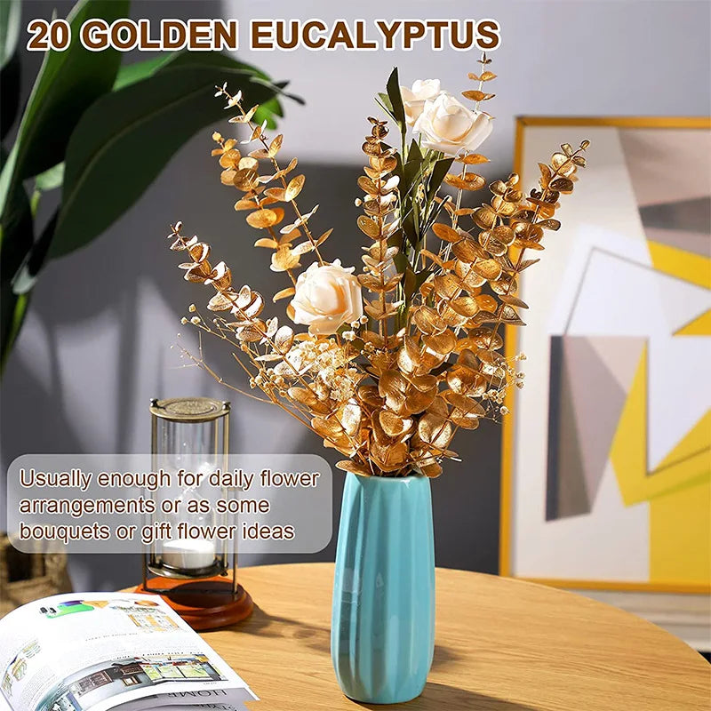 Afralia™ Golden Eucalyptus Leaves Stem x10 - Artificial Autumn Wedding DIY Decoration