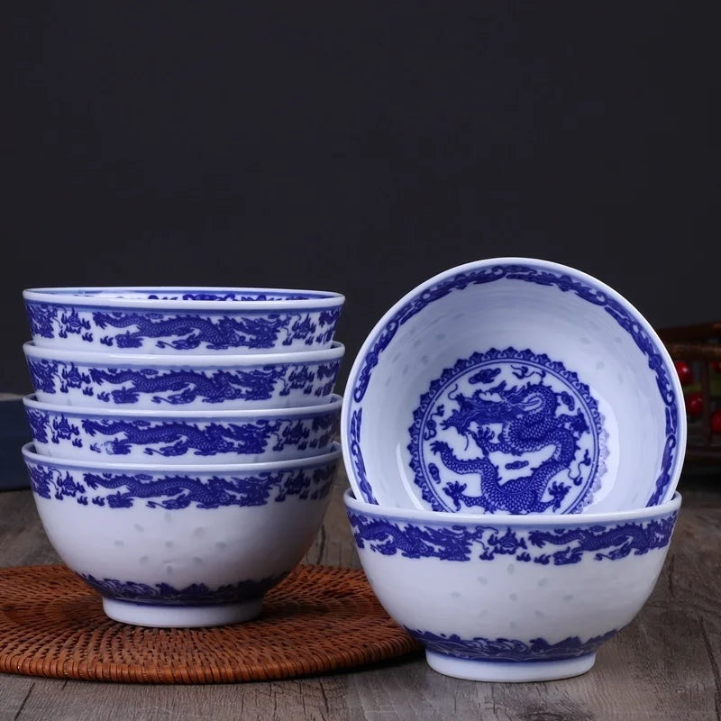 Afralia™ Blue And White Porcelain Dragon Rice Bowls Set