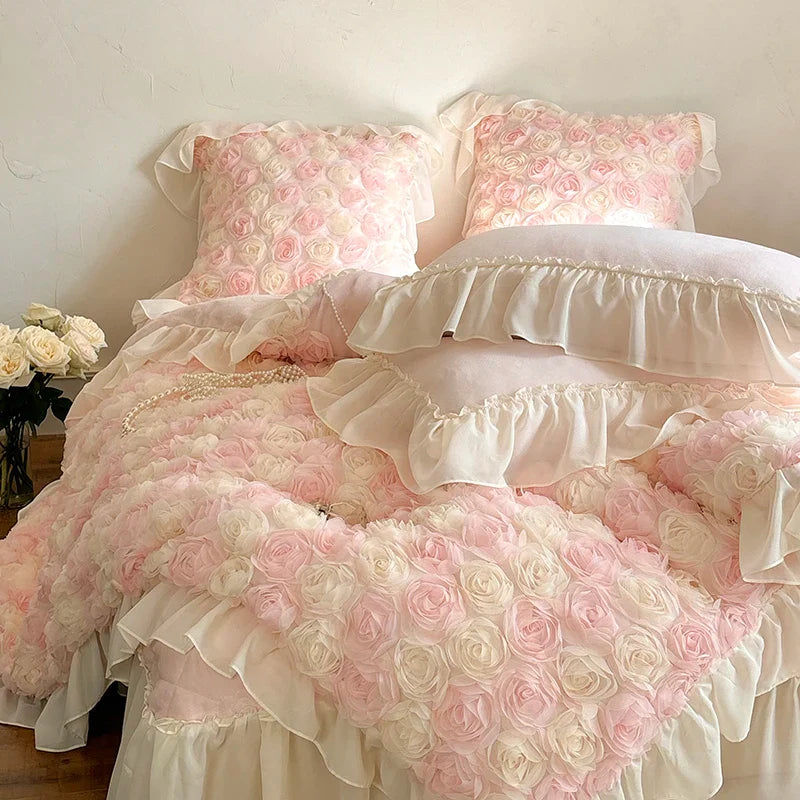 Afralia™ Luxe Rose Lace Ruffles Princess Bedding Set - 4Pcs