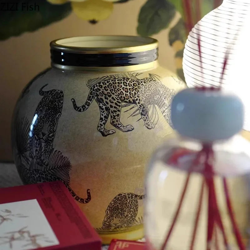 Afralia™ Tiger Pattern Ceramic Vase Desk Decoration Vintage Floral Room Decor