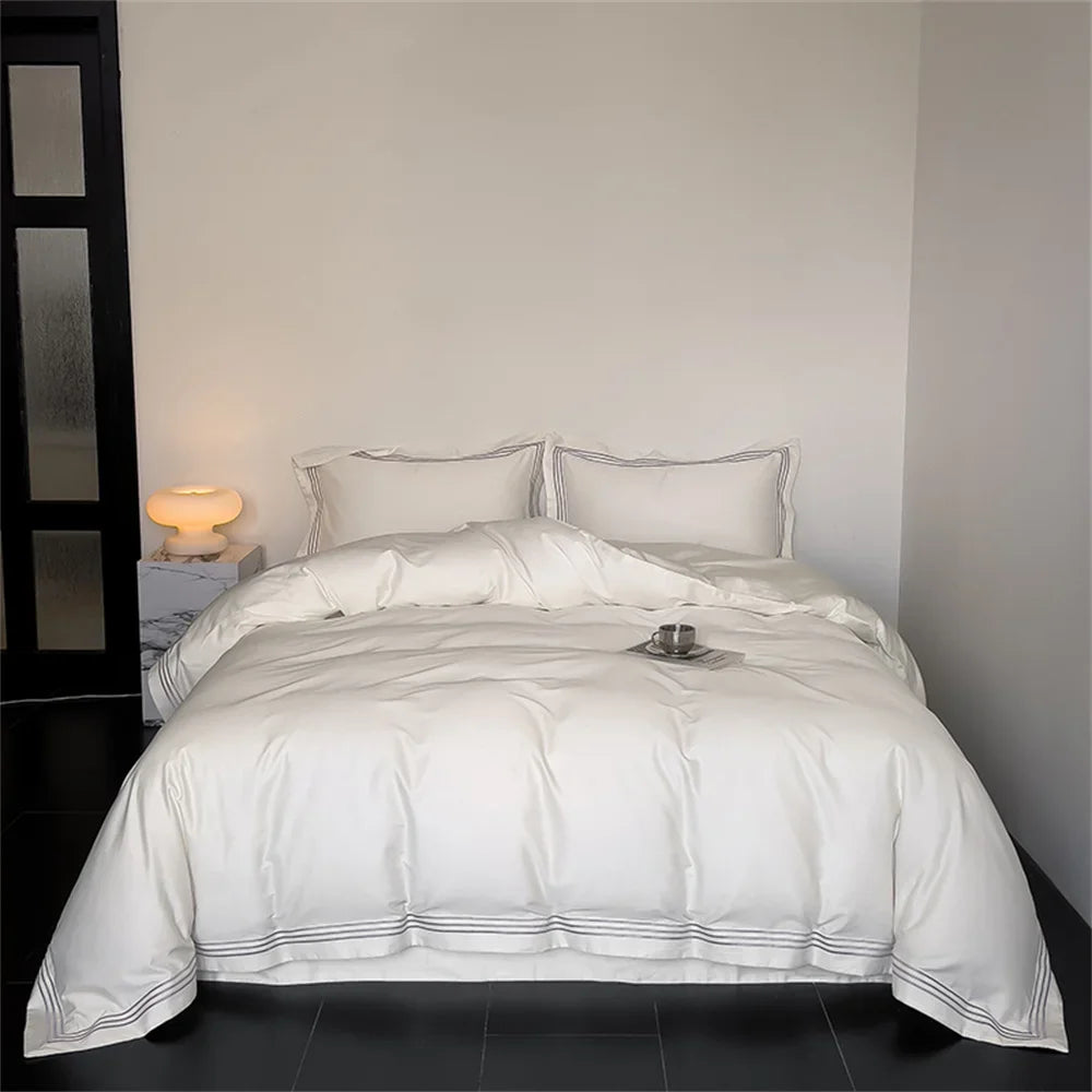 Afralia™ 1200TC Embroidered Egyptian Cotton Bedding Set - 4pcs King Queen Solid Sheets