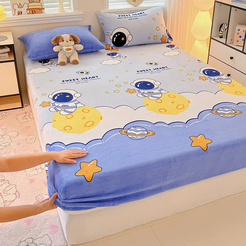 Afralia™ Milk Velvet Cartoon Printed Fitted Sheet - Cozy Plush Mattress Cover