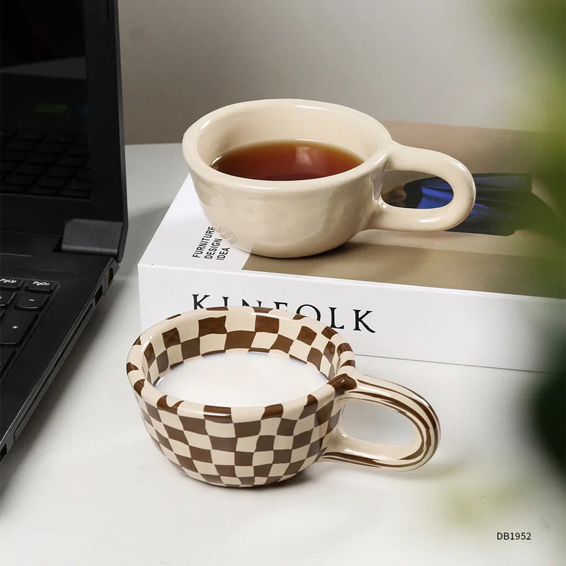 Afralia™ Retro Checkerboard Ceramic Coffee Cup - Personalised High-Looking Mug