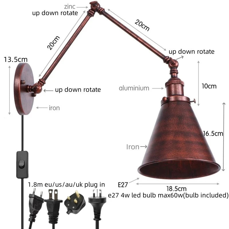 Afralia™ Vintage Iron Gold LED Wall Lamp with Long Arm and Pull Chain Switch