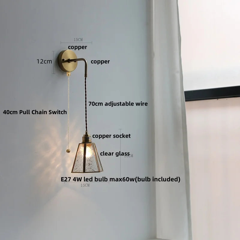Afralia™ Modern Clear Glass LED Wall Light with Pull Chain for Bar, Cafe, Bathroom Mirror