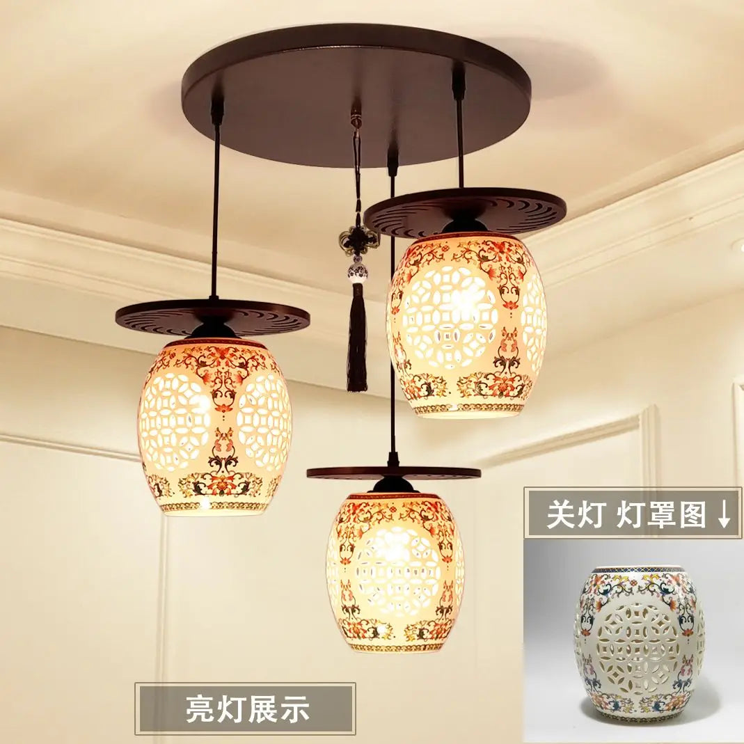 Afralia™ Three-Headed Chinese Antique Ceramic Pendant Light for Study, Dining Room, Bedroom