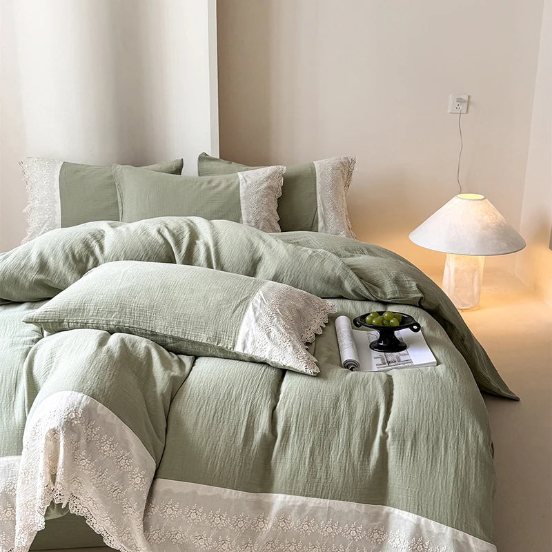 Afralia™ French Lace Cotton Bedding Set: Duvet, Sheet, Pillowcases, 4Pc