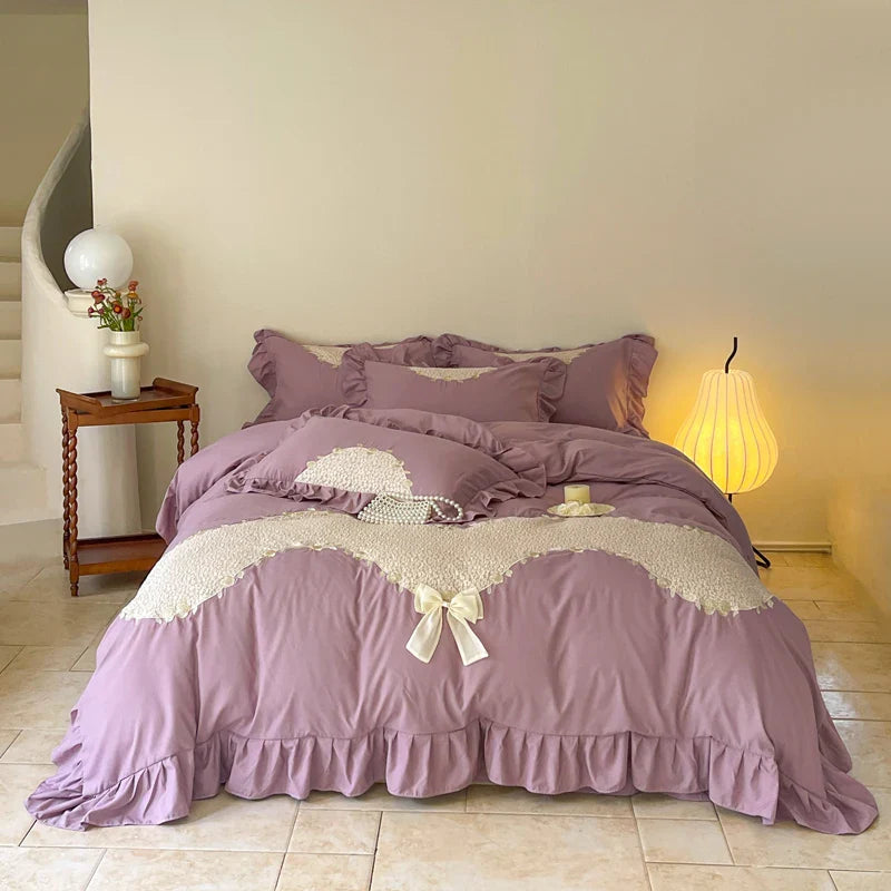 Afralia™ Lace Embroidery Princess Bedding Set - Duvet Cover, Sheet, Pillowcases - Blue Pink Purple
