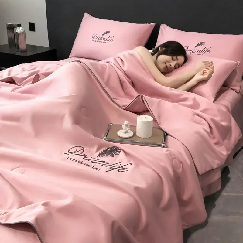 Afralia™ Luxury Embroidery Quilt Set, 4-Piece Summer Comforter Bedding for Air-Conditioned Comfort