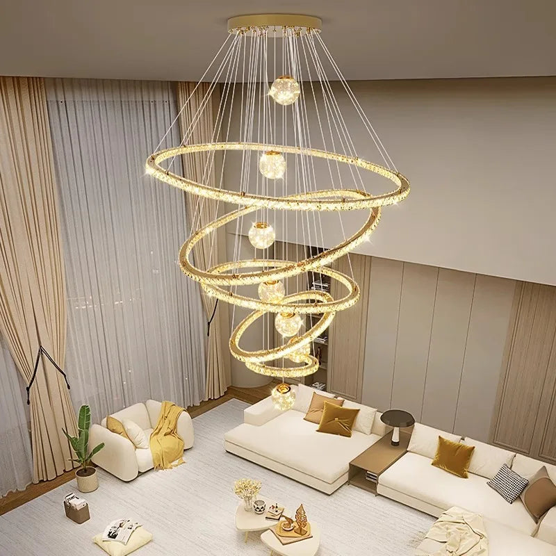 Afralia™ Crystal Chandelier Stair Pendant Lamp Living Room Interior Lighting
