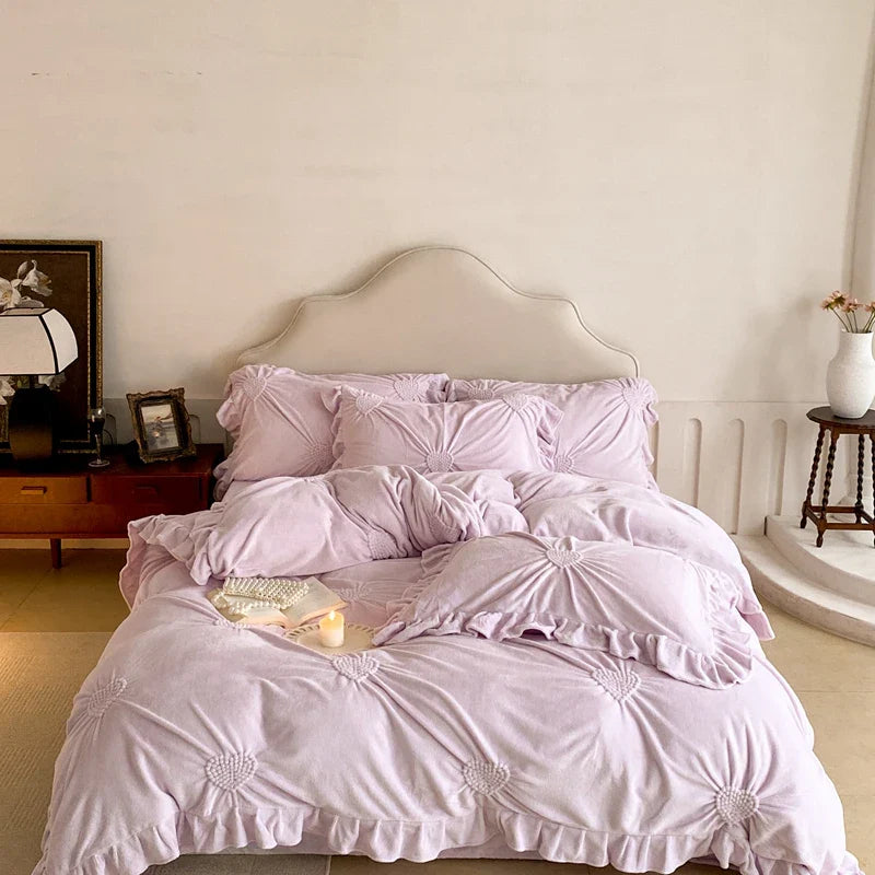 Afralia™ Velvet Ruffles Winter Bedding Set: Plush & Warm Heart Twisted Flowers Theme
