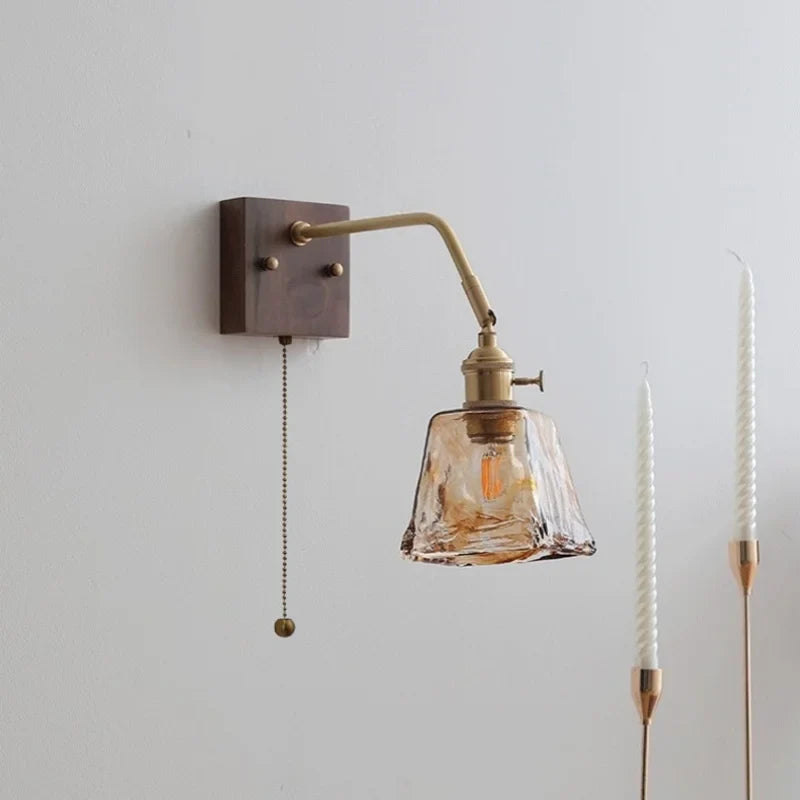 Afralia™ Amber Glass LED Wall Sconce Pull Chain Switch.