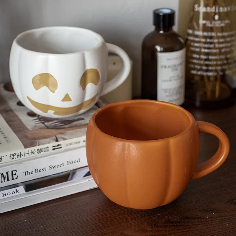 Afralia™ Halloween Pumpkin Ceramic Mug with Retro Enamel Handle for Coffee Milk Tea