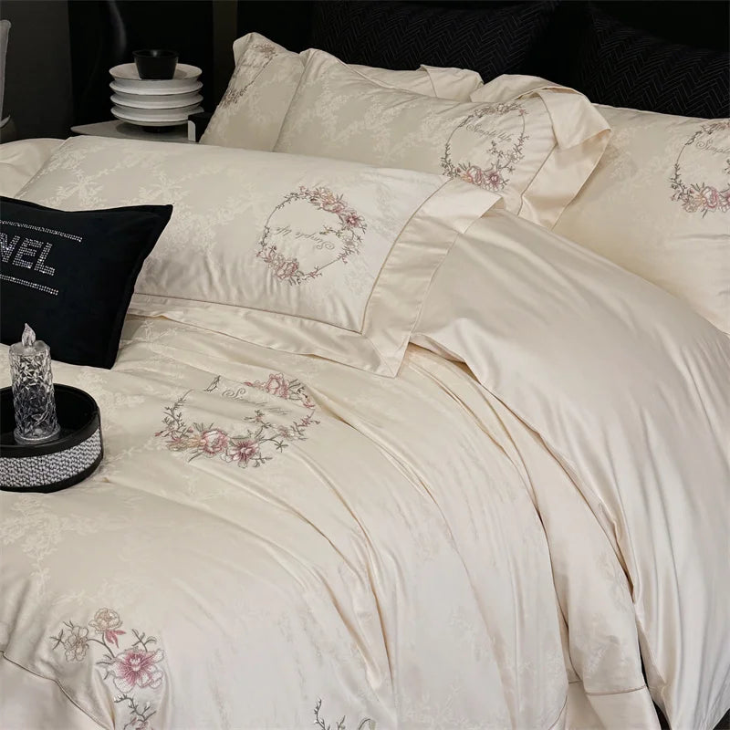 Afralia™ Silky Chic Jacquard Cotton Bedding Set with Flowers Embroidery
