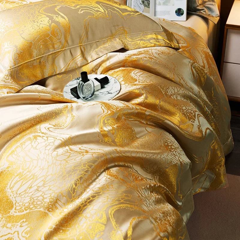Afralia™ Satin Jacquard Bedding Set, Egyptian Cotton, Soft Silky Duvet, Sheet, Pillowcases