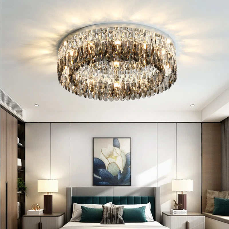 Afralia™ Smoke Grey Crystal Ceiling Lights: Modern LED Room Lamp for Living Room, Kitchen, Bedroom