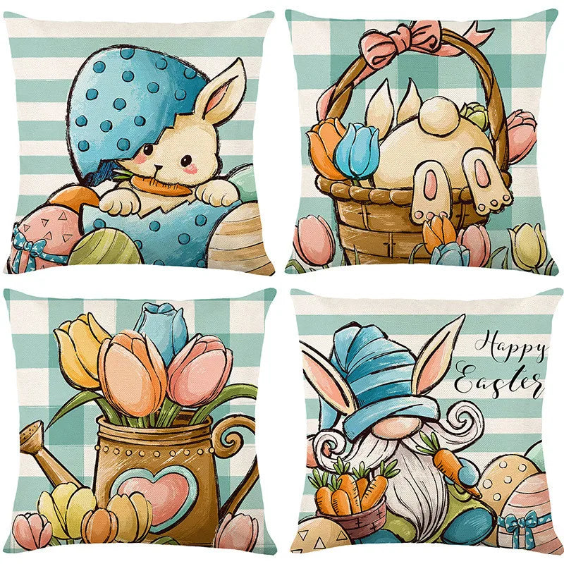 Afralia™ Easter Bunny Rabbit Linen Cushion Cover 45x45cm - Flower Print Festival Pillowcase