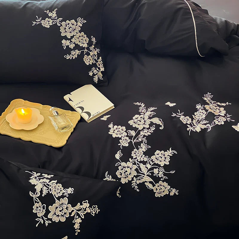Afralia™ Egyptian Cotton Flowers Embroidery Bedding Set in Black, Red, and Khaki